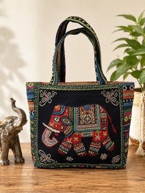Black Thai Elephant Woven Tote Bag Handmade Tapestry Shoulder Bag